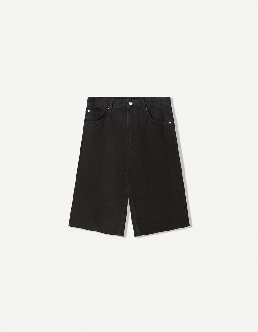 Baggy fit denim bermuda-Siyah-3