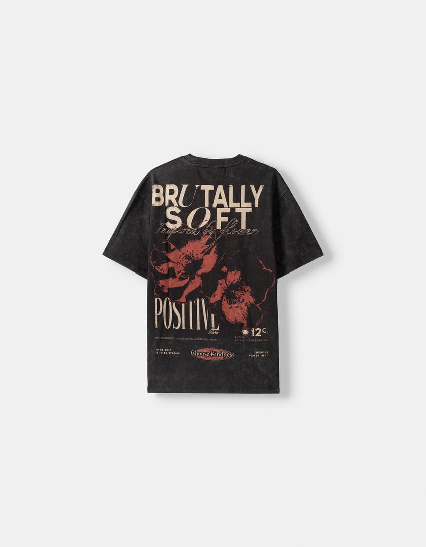 T-shirt manches courtes boxy effet délavé imprimé-Gris-5