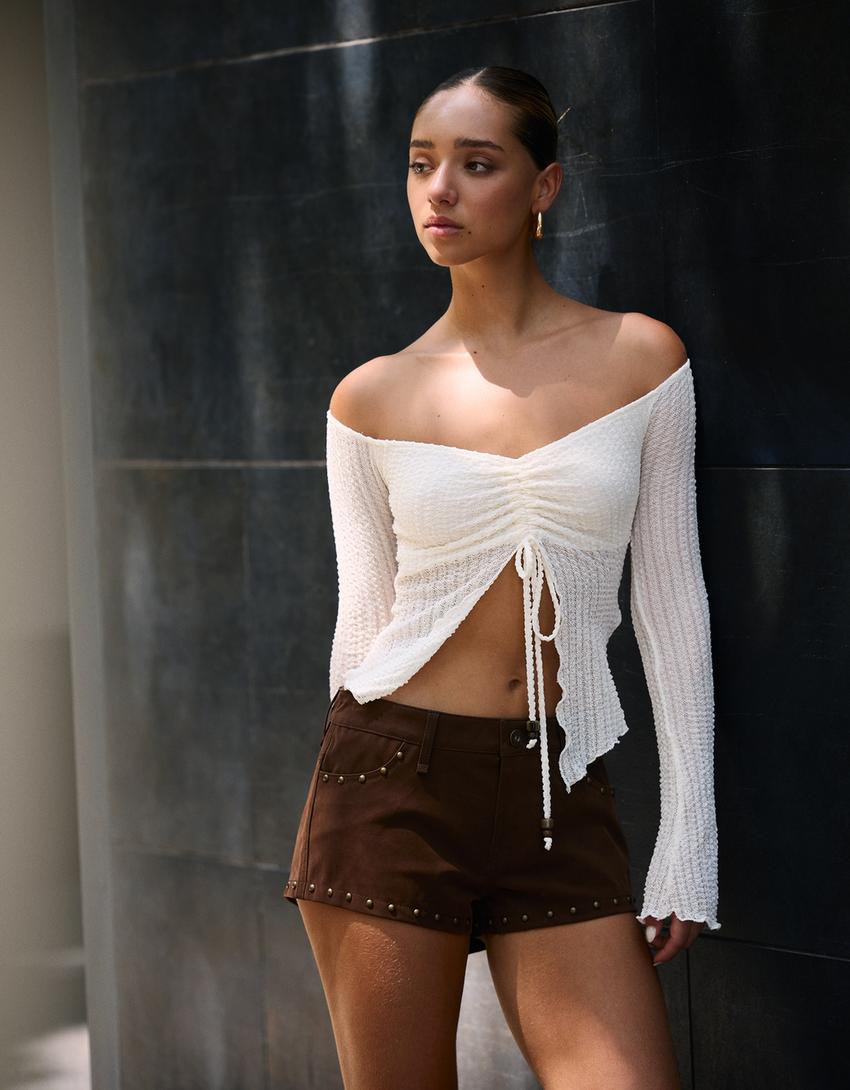 Rustic gathered knit sweater-Cream