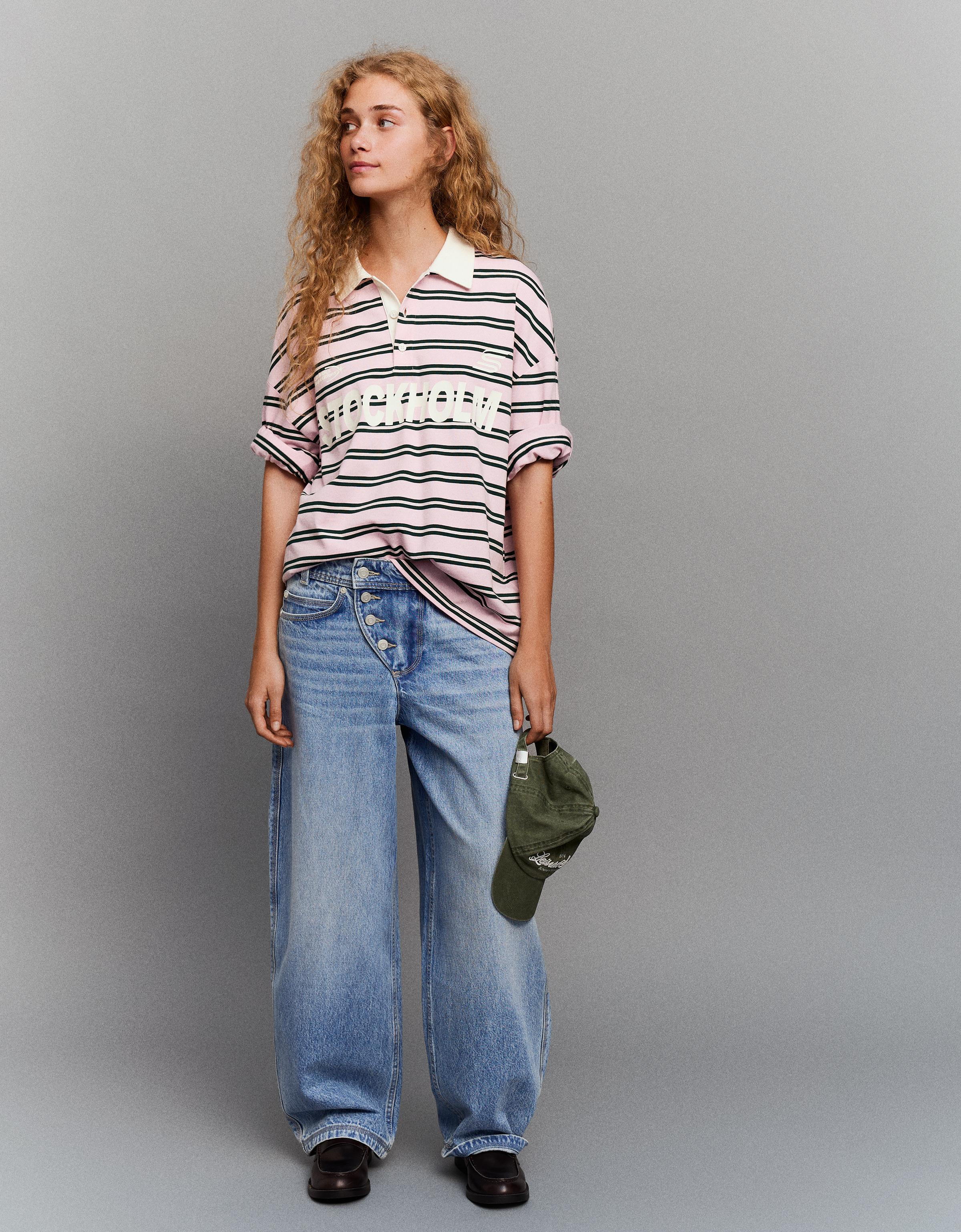 Düşük bel, önü düğmeli, geniş paça barrel jean - Görsel 27