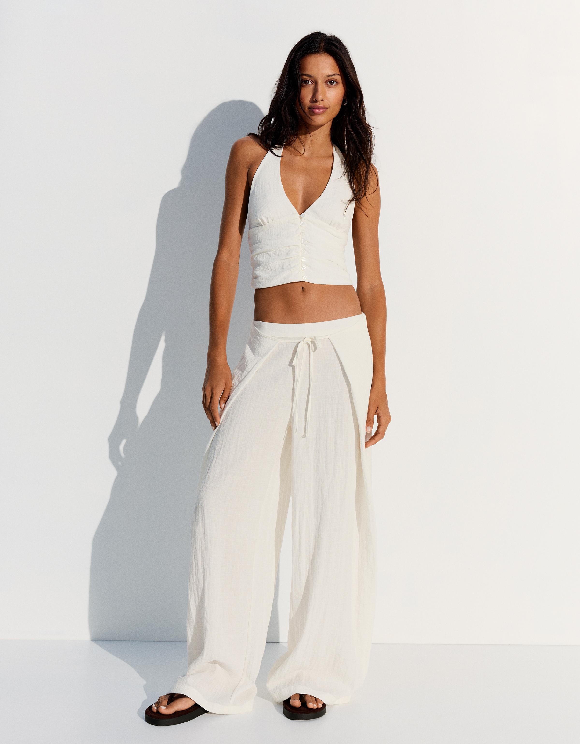 Gathered halter-neck button-up waistcoat — Off white