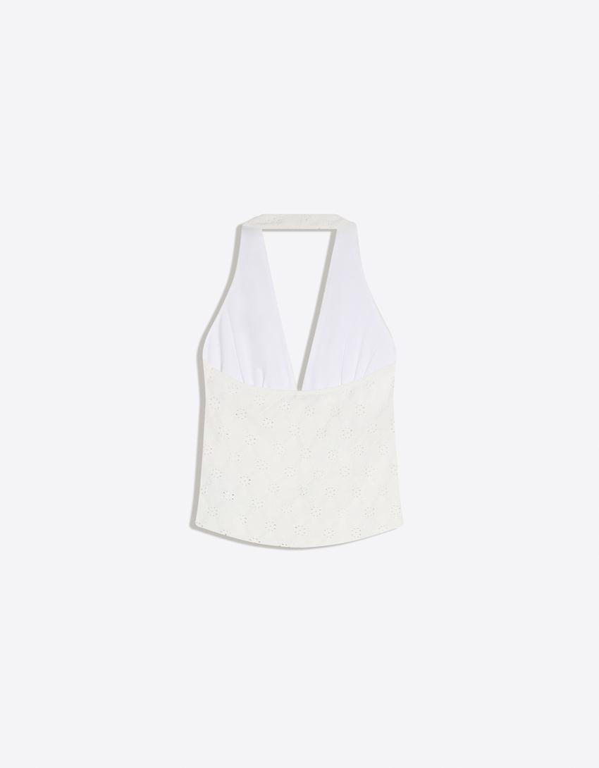 Top encolure américaine boutonné à boutons-Blanc cassé