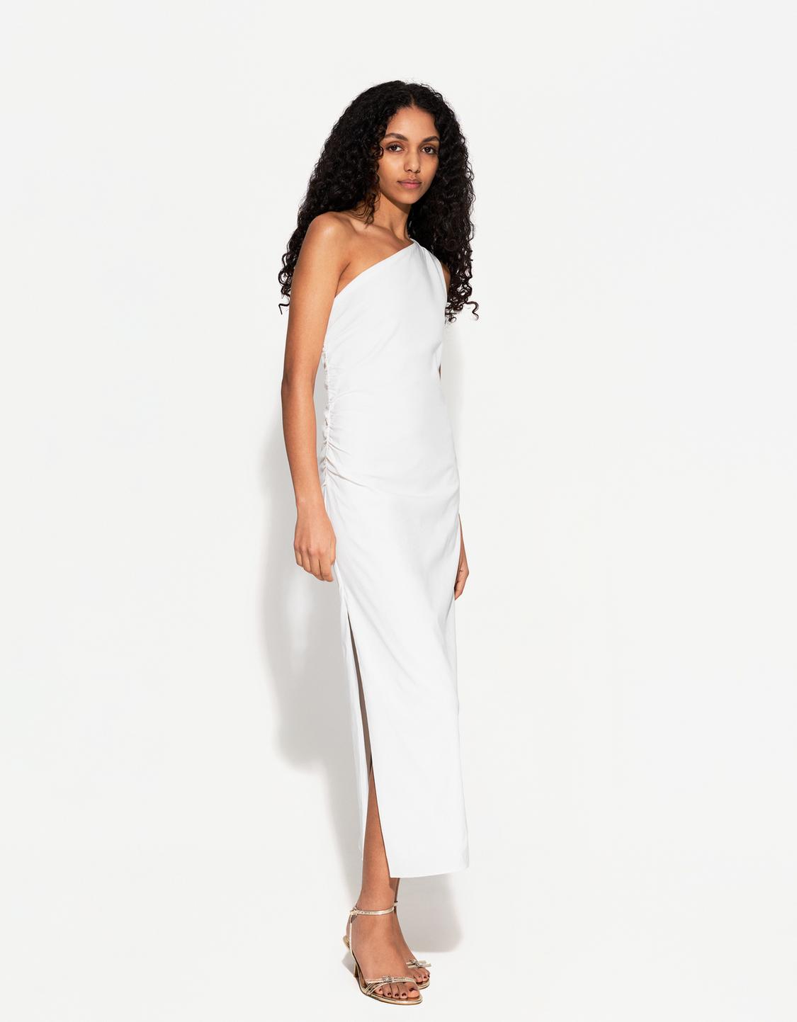 Asymmetric bengaline midi dress