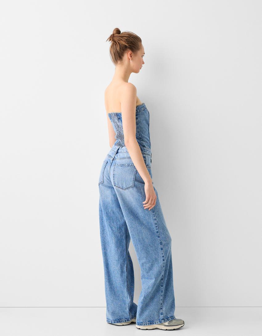 Denim wide-leg bandeau jumpsuit-Light blue-2