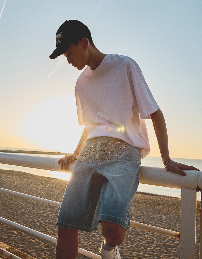 İşlemeli denim bermuda-Açık mavi