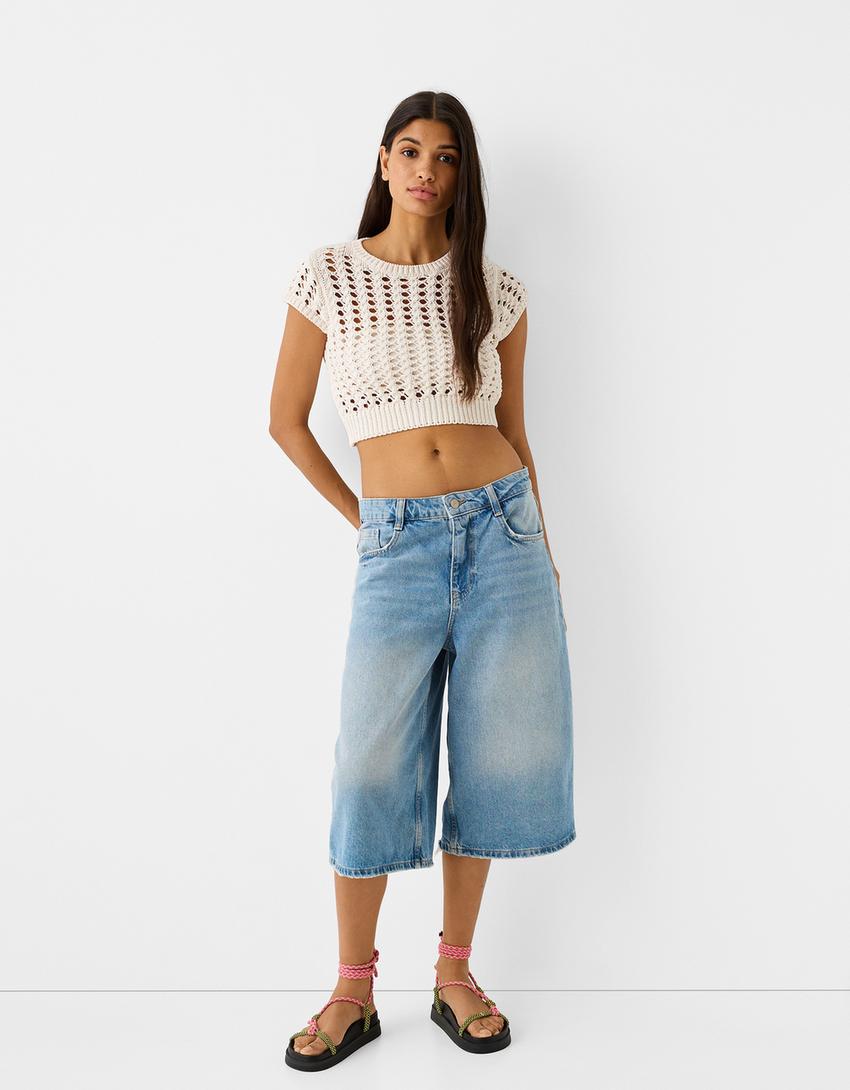 سويتر مخرم بأكمام قصيرة-كريمي-3