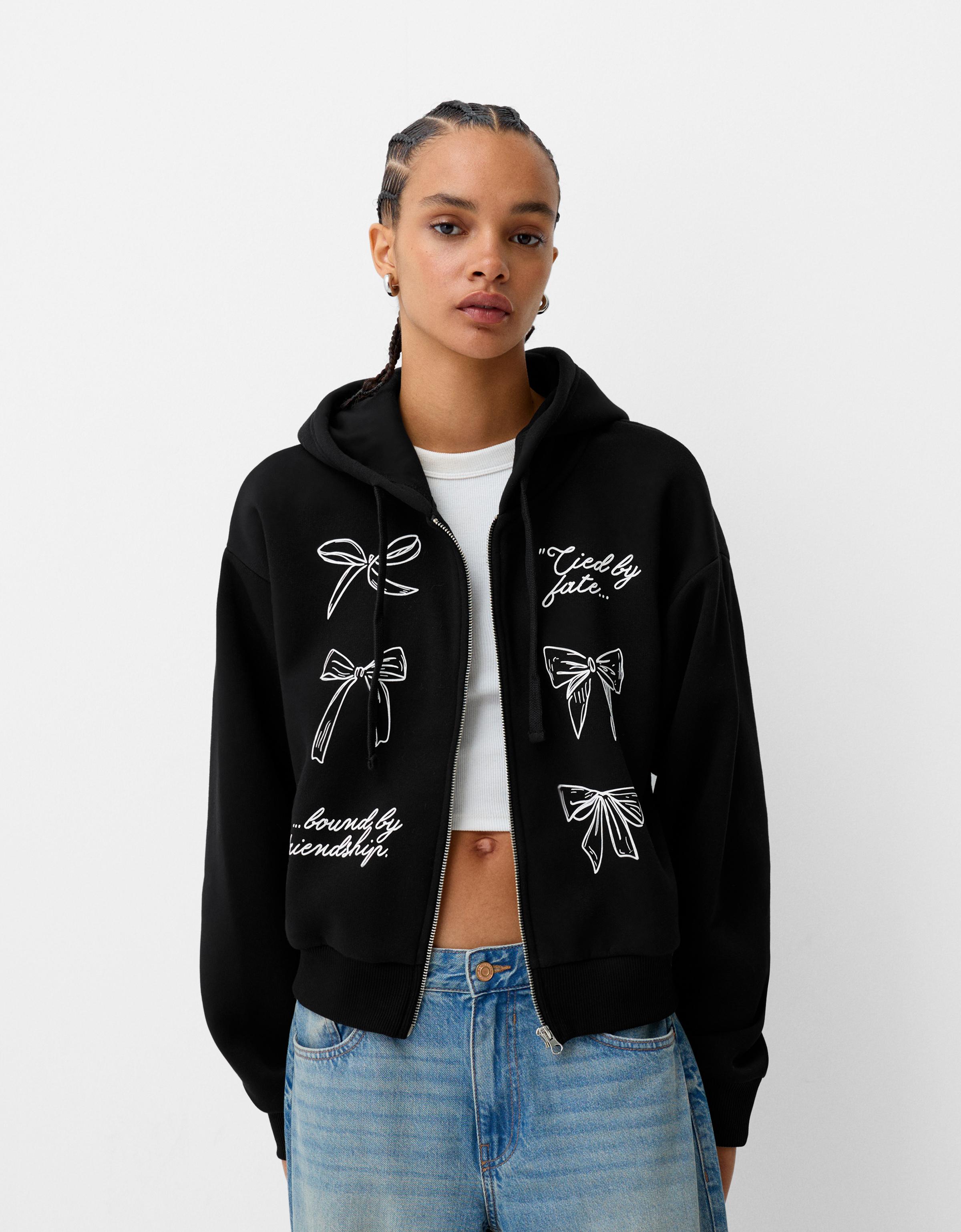 Bershka Hoodie Mit Kapuze, Reißverschluss Und Print Damen S Schwarz