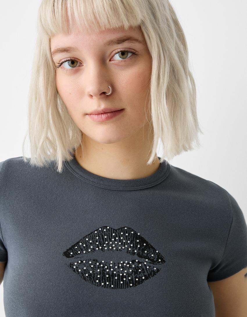 Baskılı kısa kollu t-shirt-Koyu gri-2