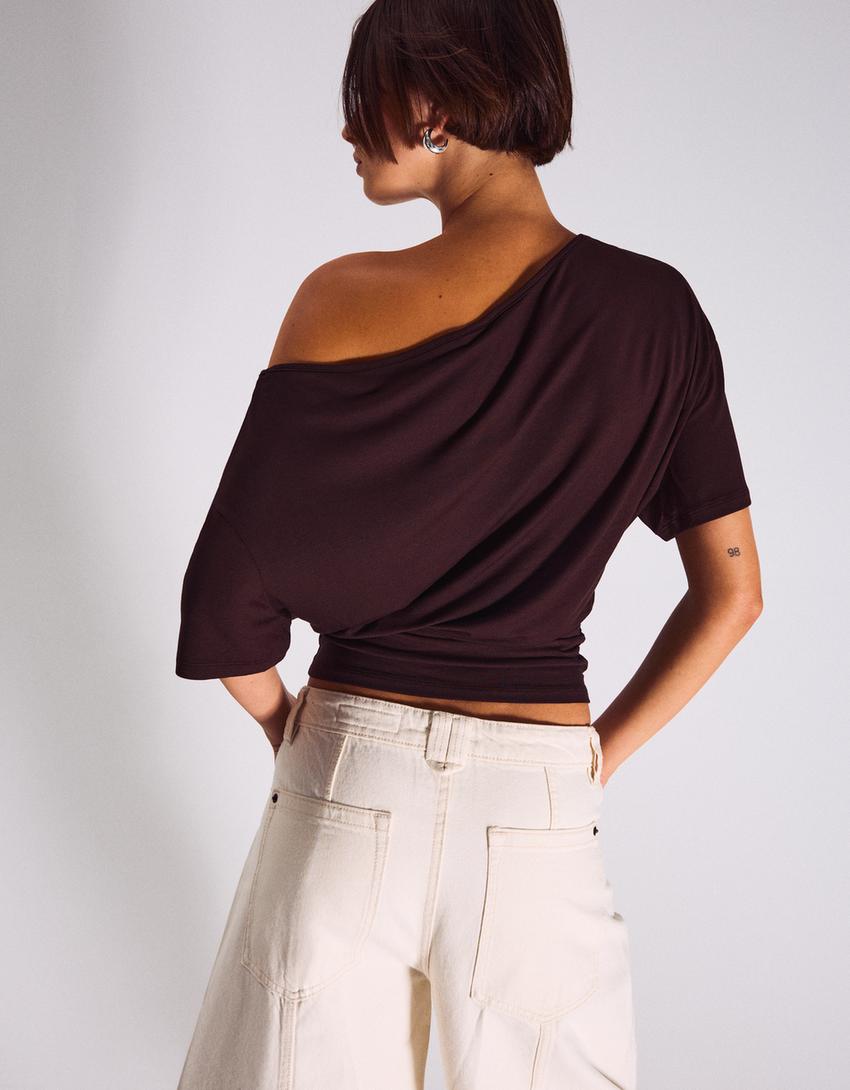 T-shirt asymétrique à manches courtes-Marron