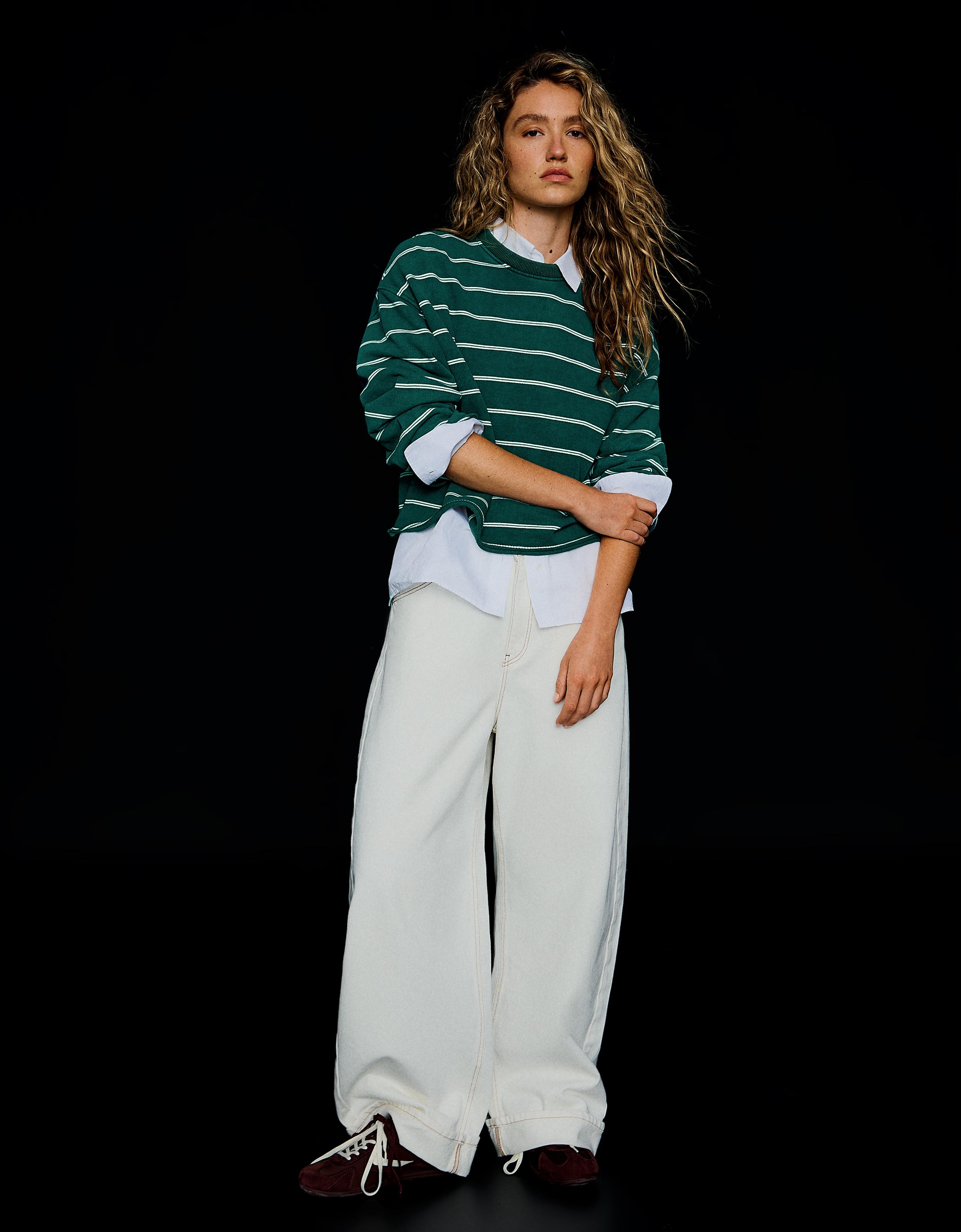 Striped round neck sweatshirt — Green
