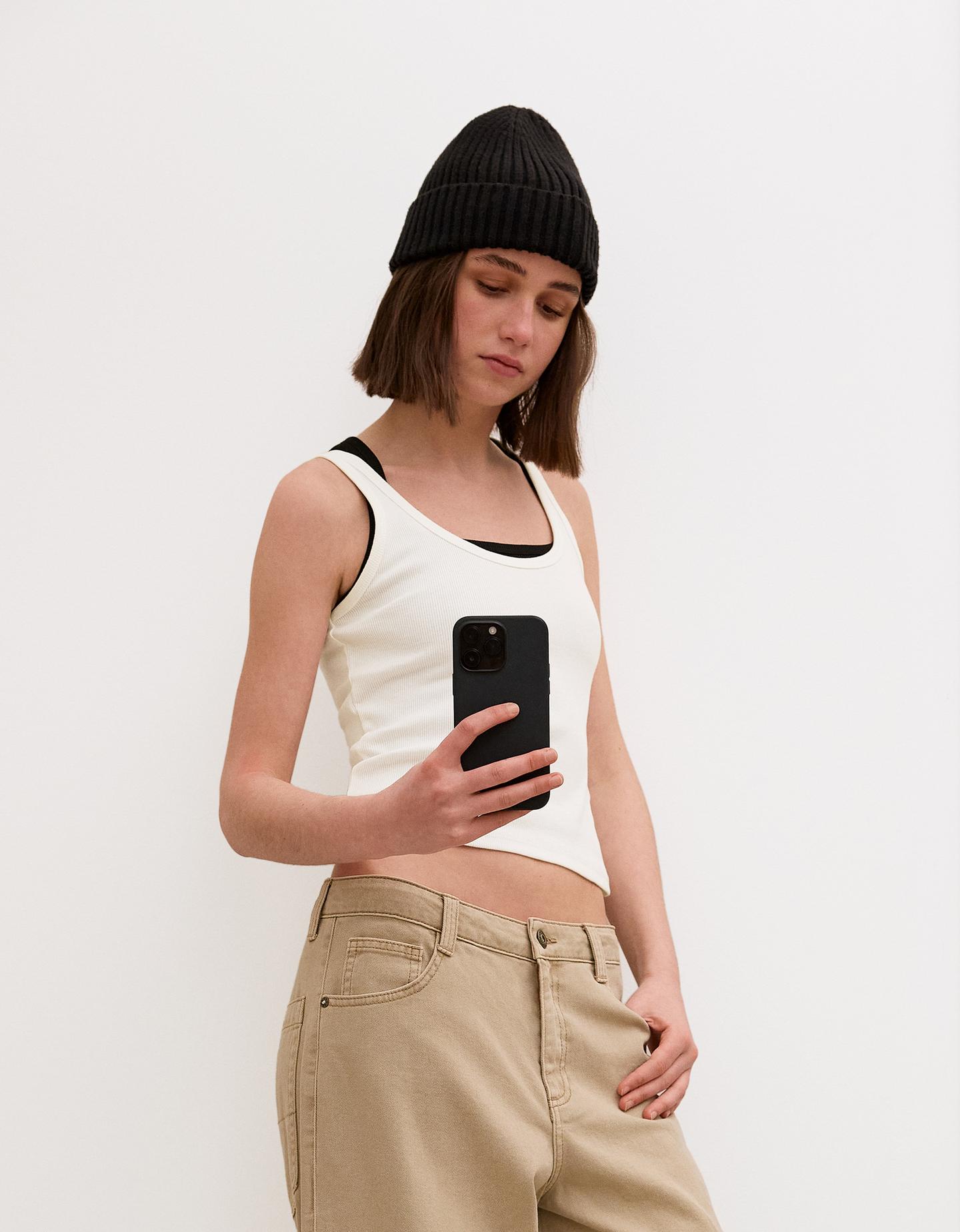 Bershka Ärmelloses Shirt Mit Patentmuster Damen S Grbrochenes Weiss