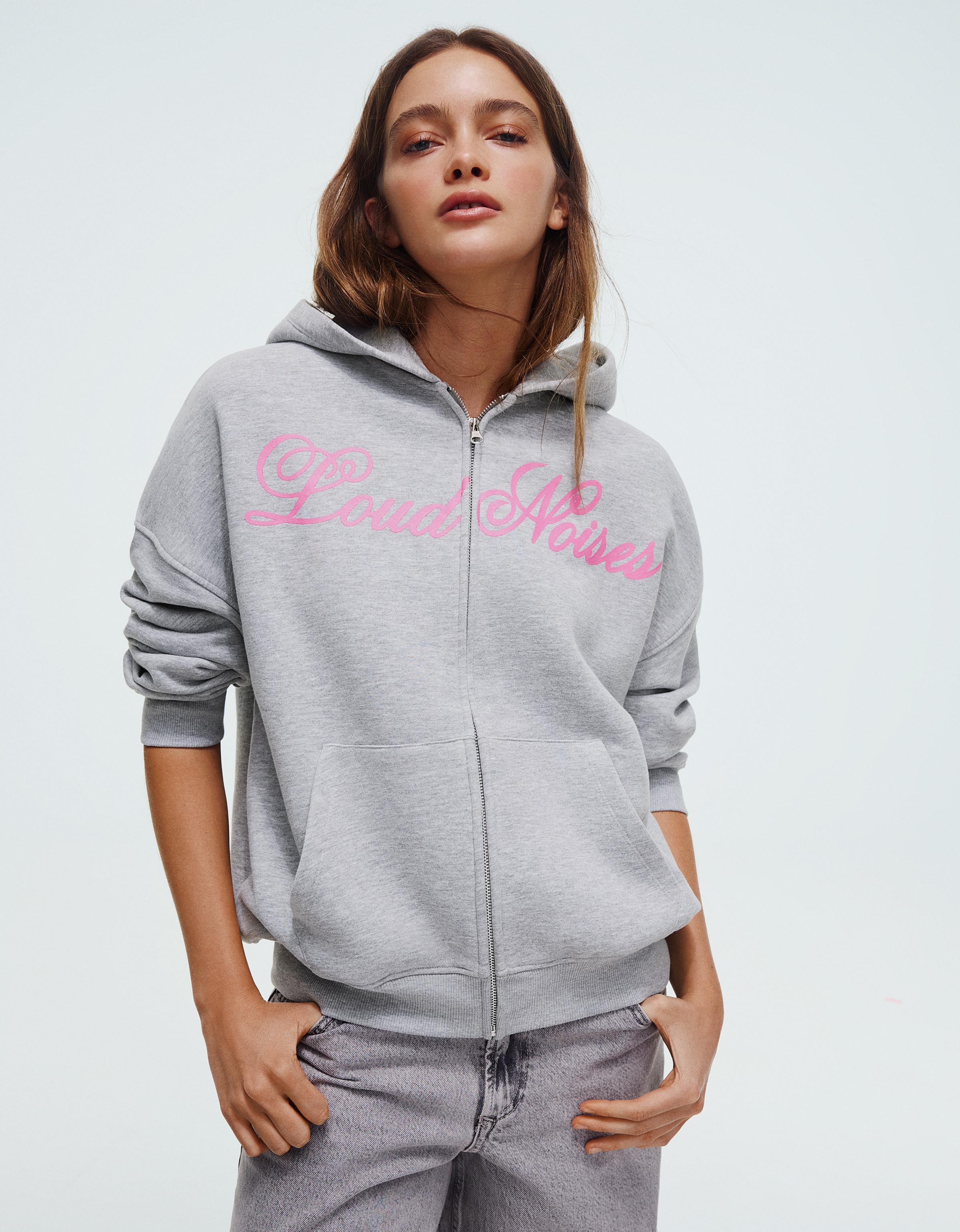 Sudadera Cremallera Capucha Oversize Print Mujer Xxs Gris