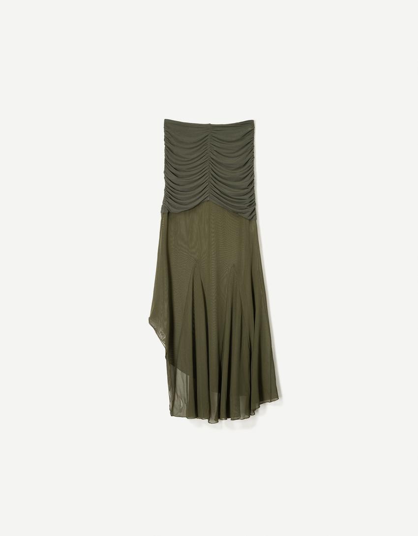 Jupe midi tulle froncée-Kaki-5