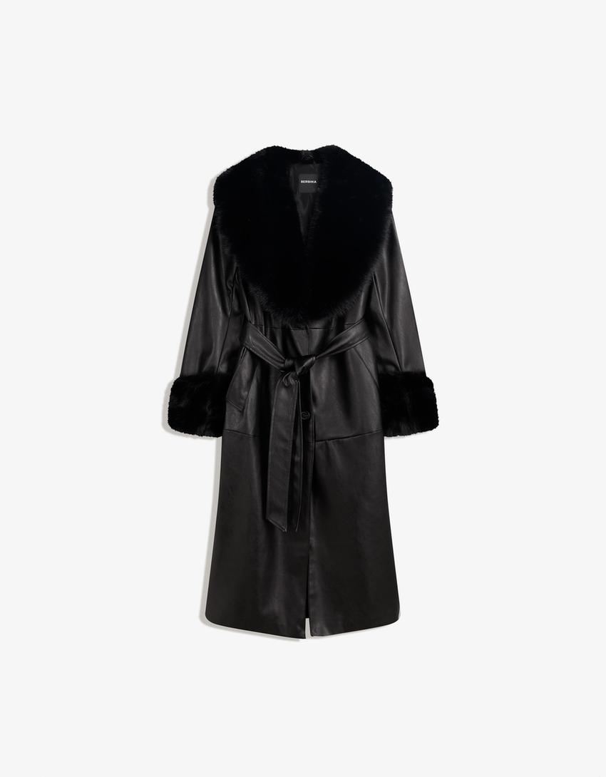 Leather effect coat with contrast faux fur-Black