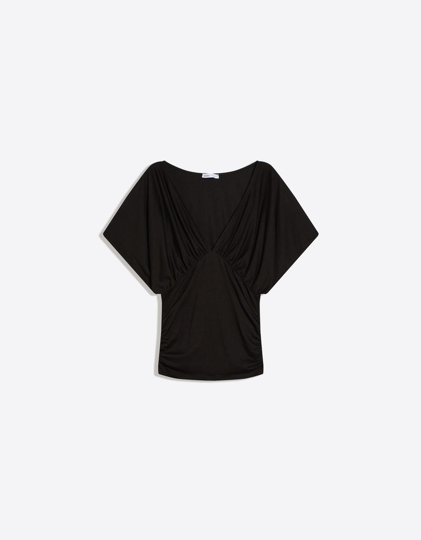 Shirt mit V-Ausschnitt und Raffungen-Schwarz