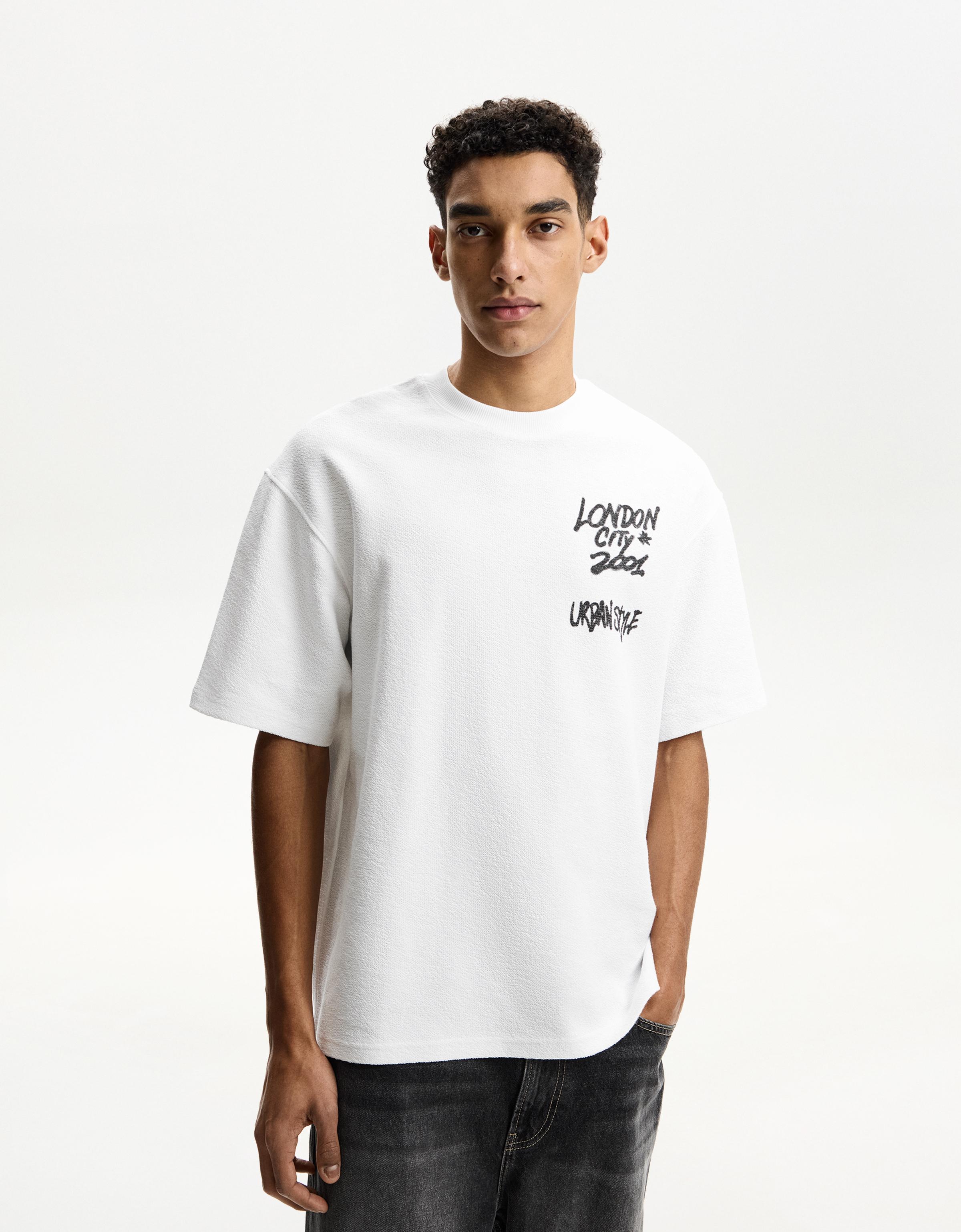 Bershka T-Shirt Aus Plüsch Mit Print Herren Xl Weiss