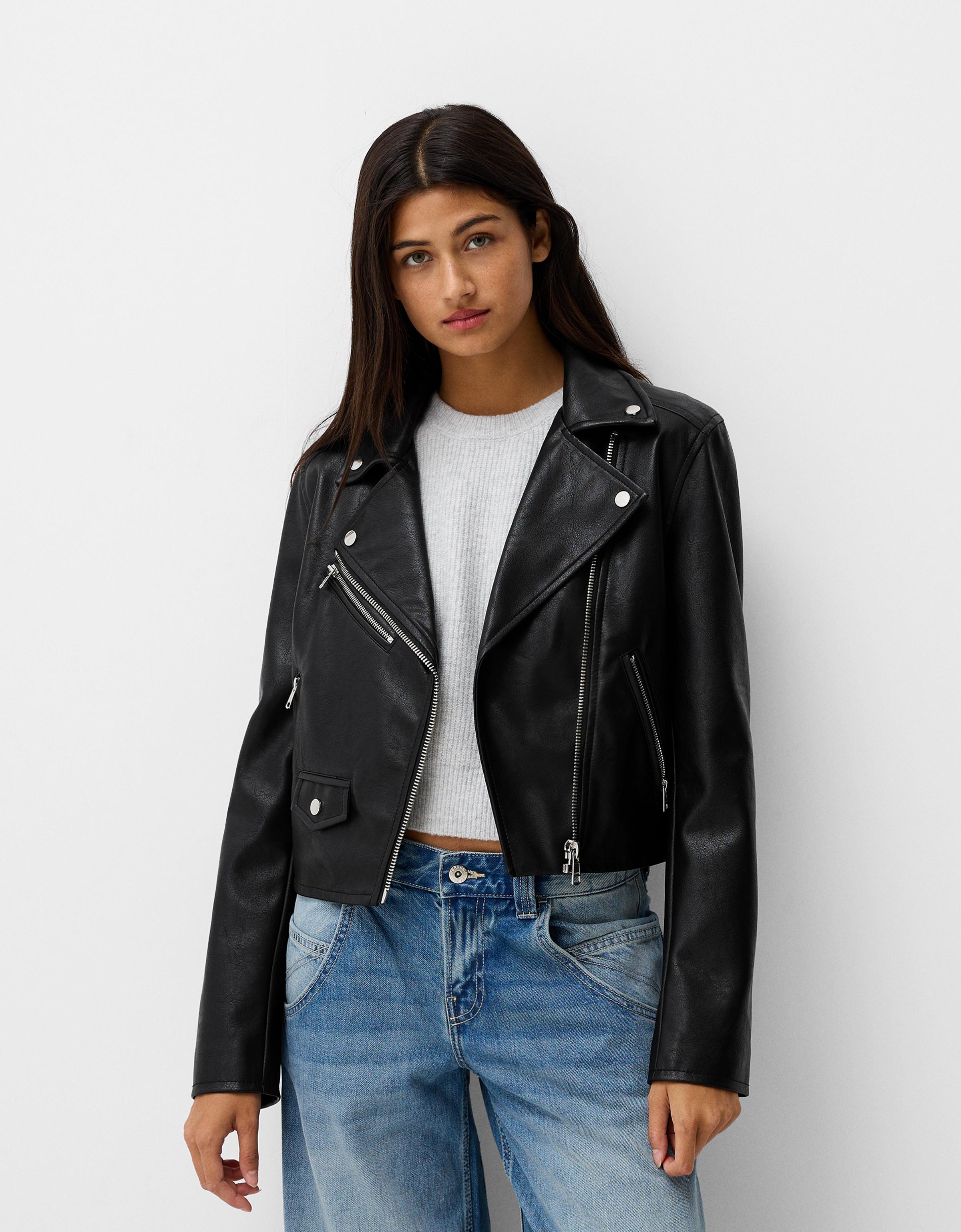 Bershka Bikerjacke Aus Kunstleder Damen M Schwarz