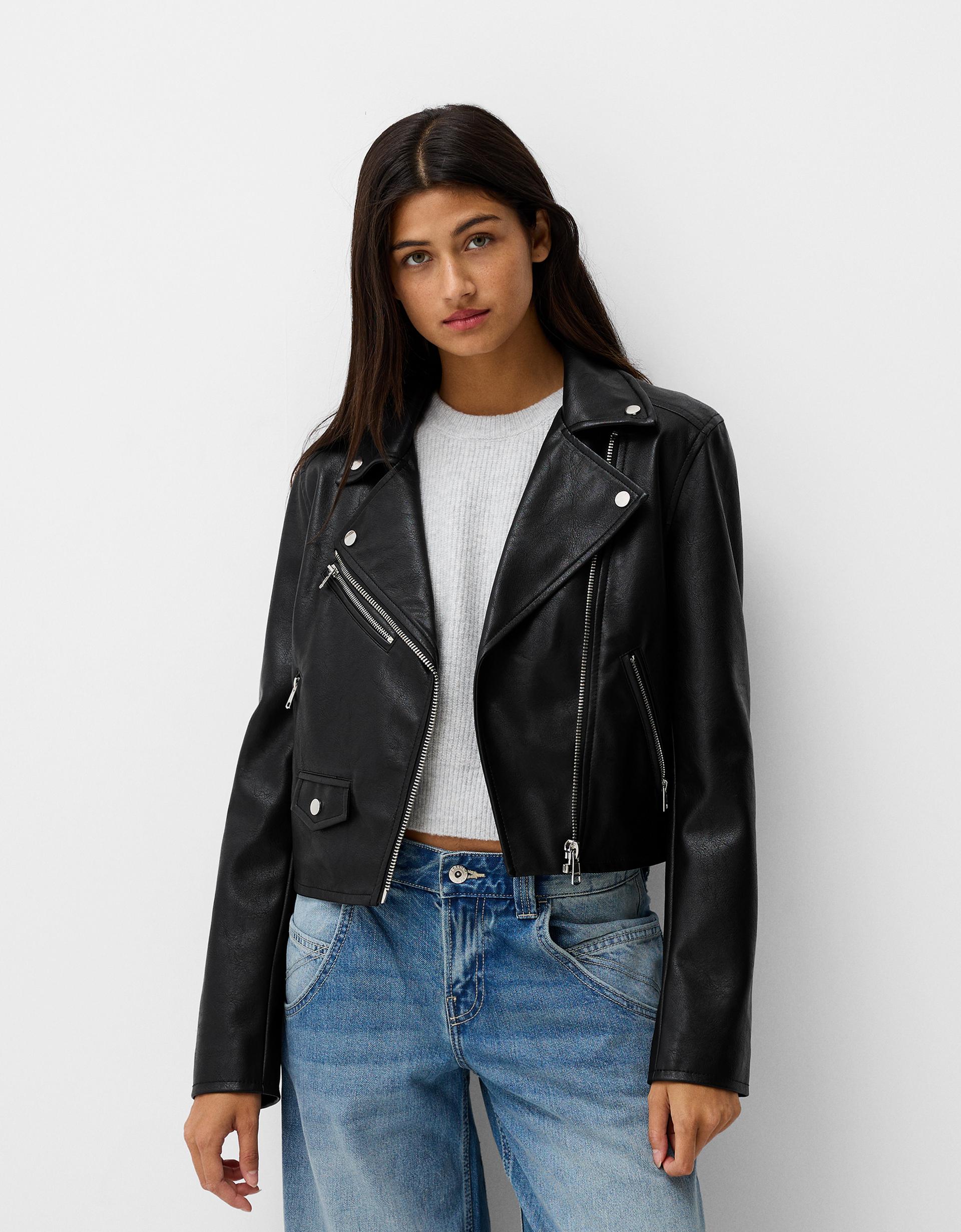 Chamarra Biker Chaqueta De Bershka Negra Chaqueta Cuero Bershka