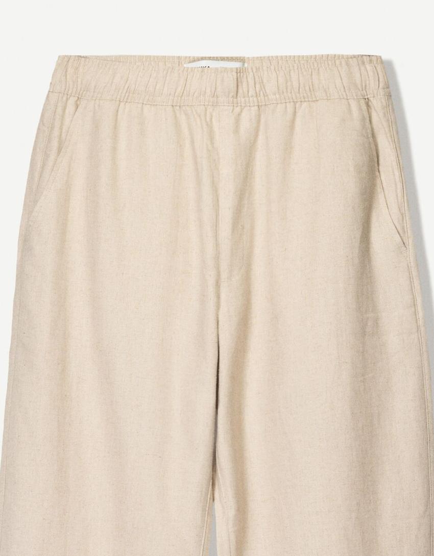 بنطلون رياضي بمزيج كتاني وساق عريضة-رملي