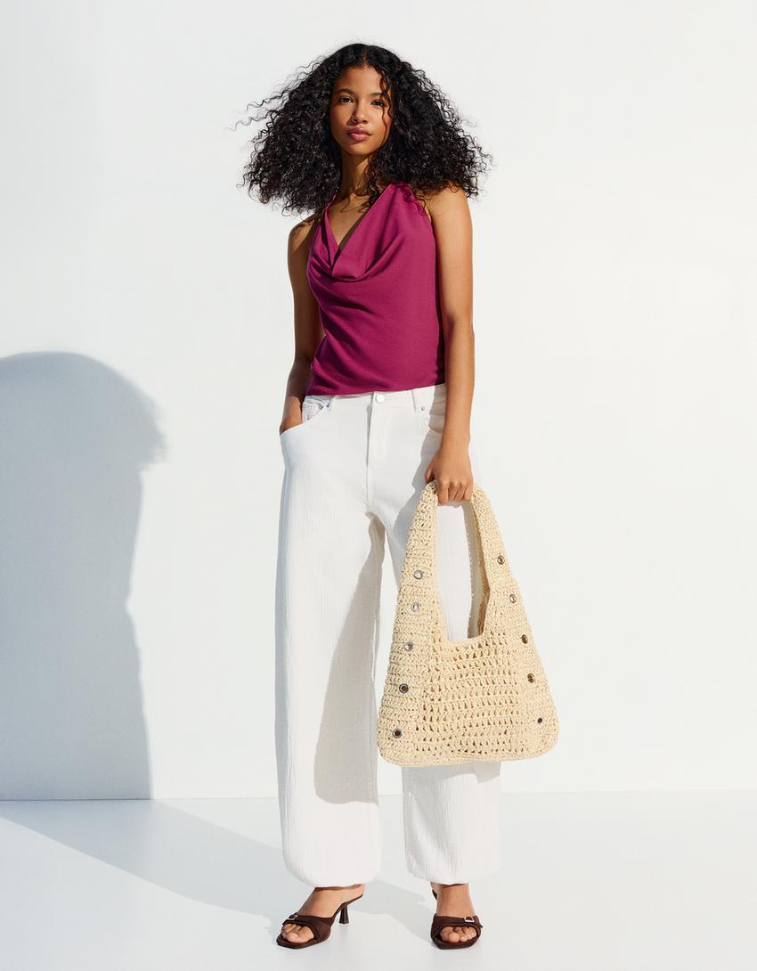 Raffia eyelet bucket bag-Sand