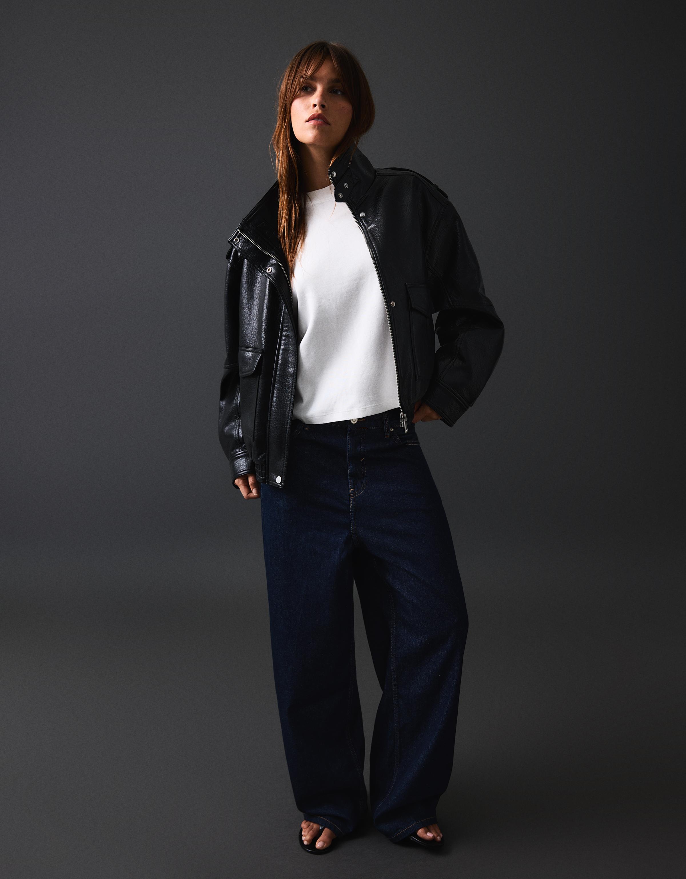 Leather effect funnel neck jacket — Black