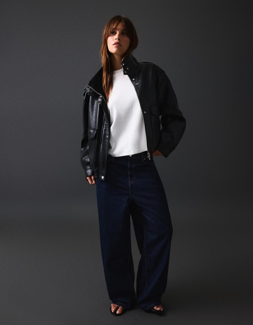 Leather effect funnel neck jacket-Black