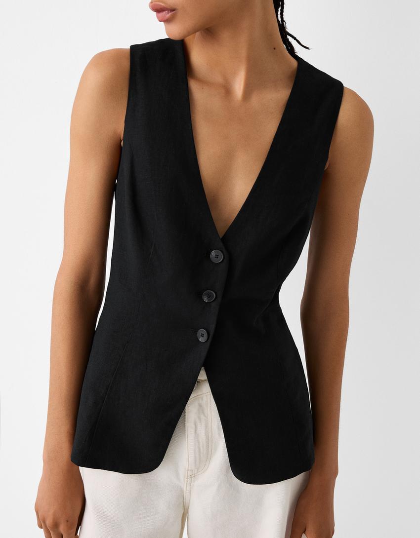 Жилетка по тялото с примес на лен-Черно-2