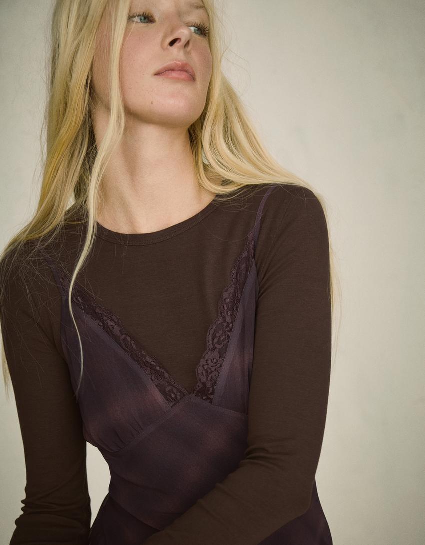 Vestido midi chiffon renda-Marrom