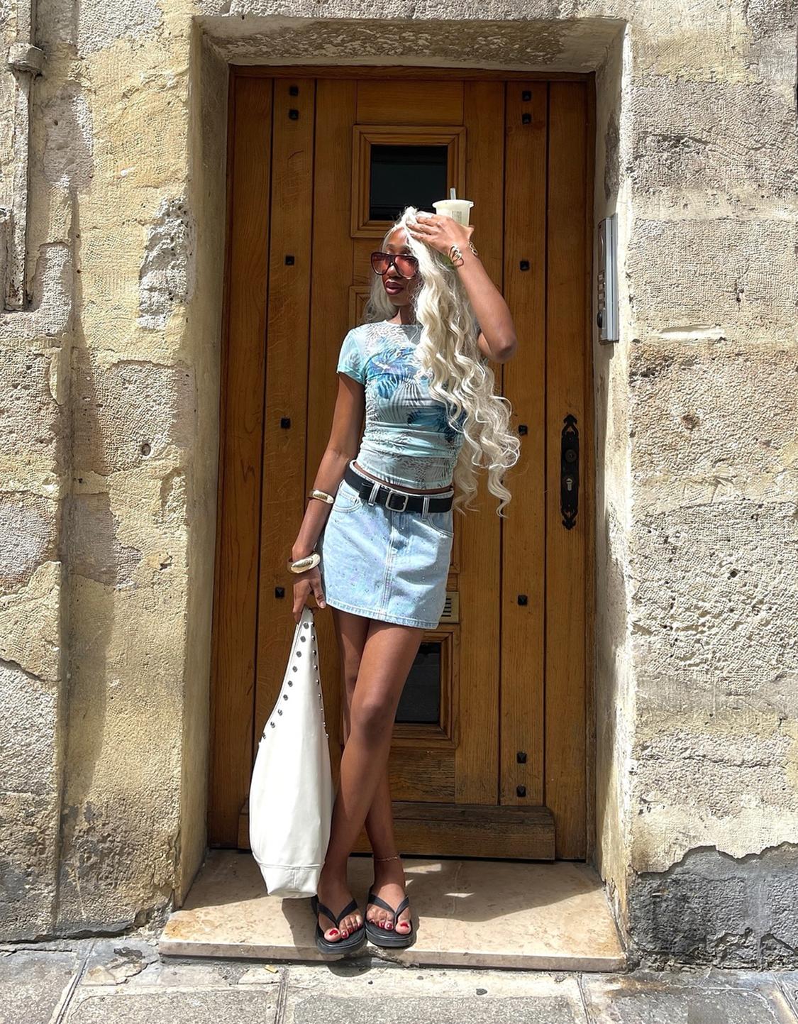 Shimmery denim mini skirt