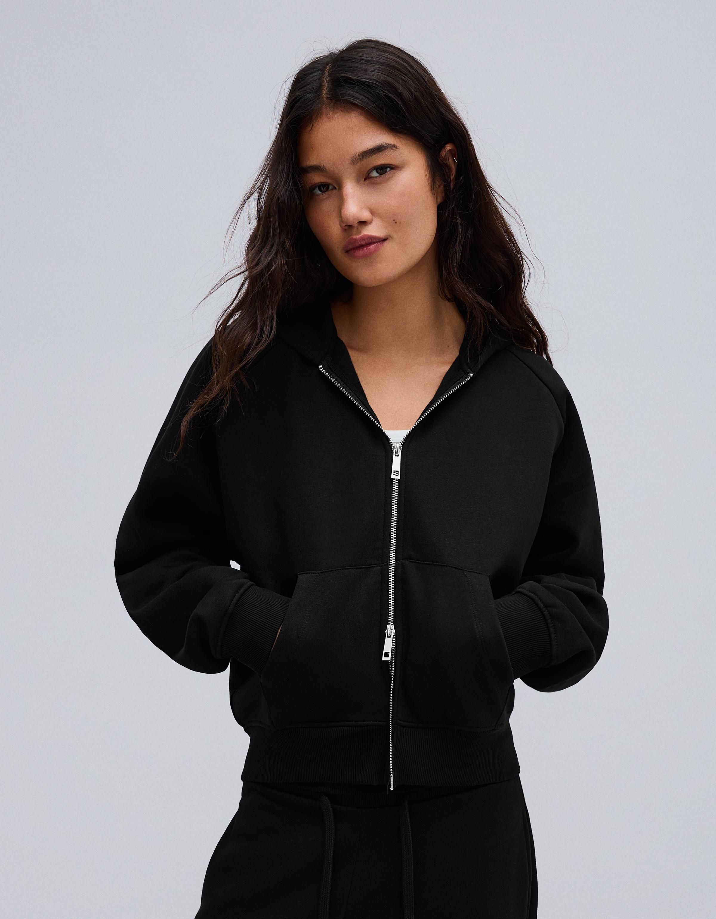 Bershka Sudadera Capucha Cremallera Felpa Mujer Negro
