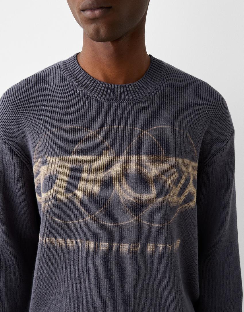 Pull maille côtelée imprimé-Gris foncé-6