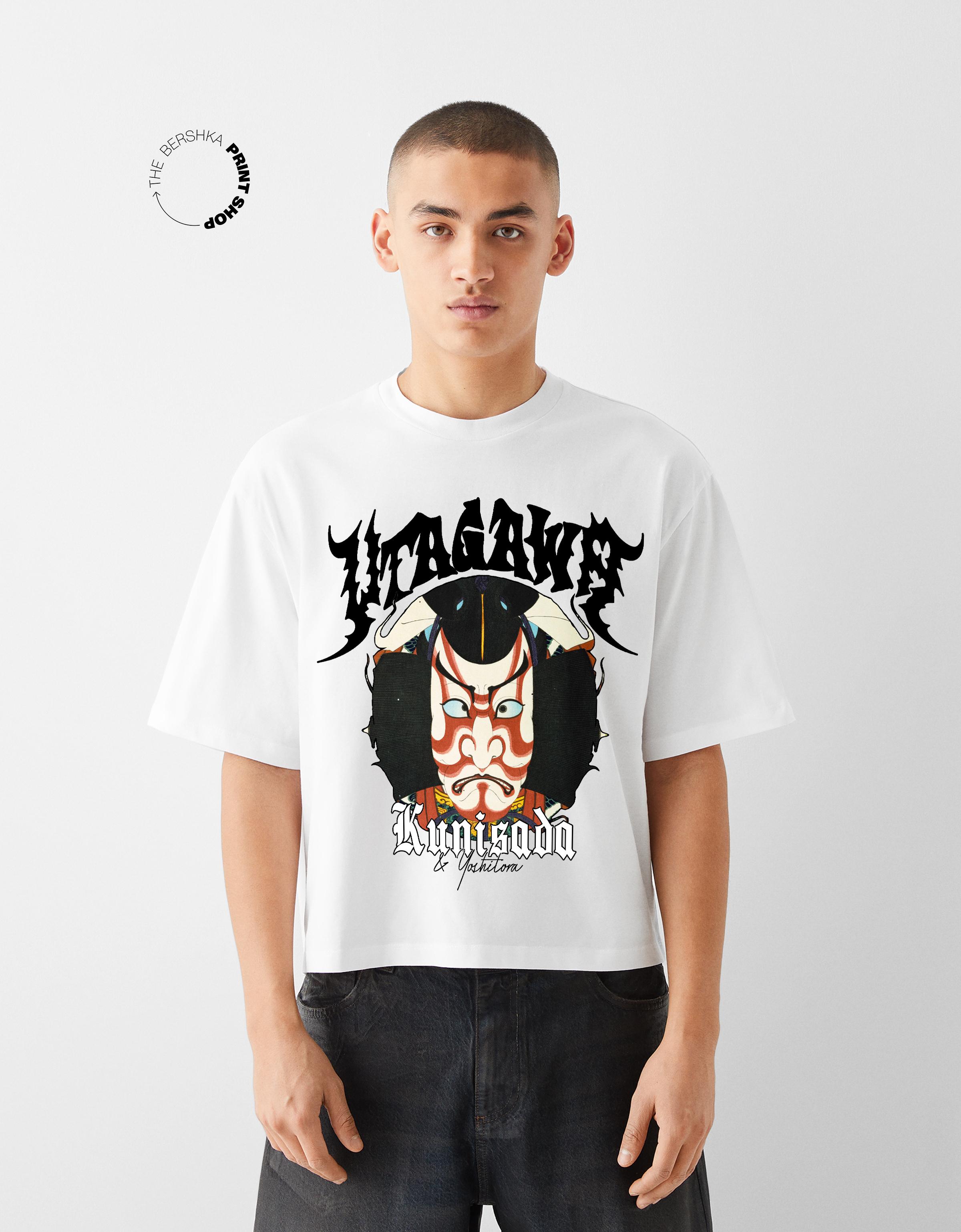 Bershka Cropped-T-Shirt Utagawa Kunisada & Utagawa Yoshitora Mit Kurzen Ärmeln Herren L Weiss