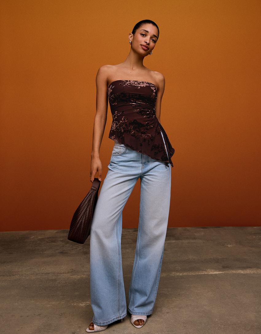 Asymmetric velvet print bandeau top with ruching-Brown