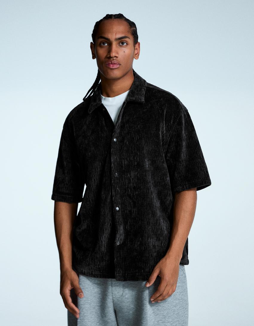 Camisa manga corta jacquard-Negro