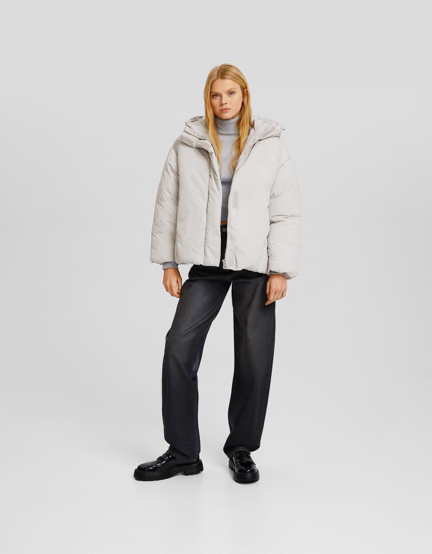 Nylon quilted jacket with hood-Grey