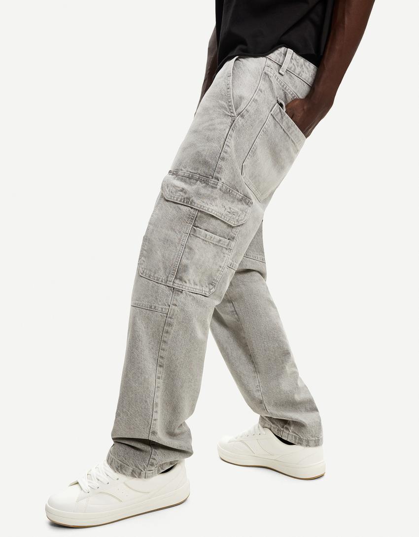 Baggy cargo jeans-Grijs-2