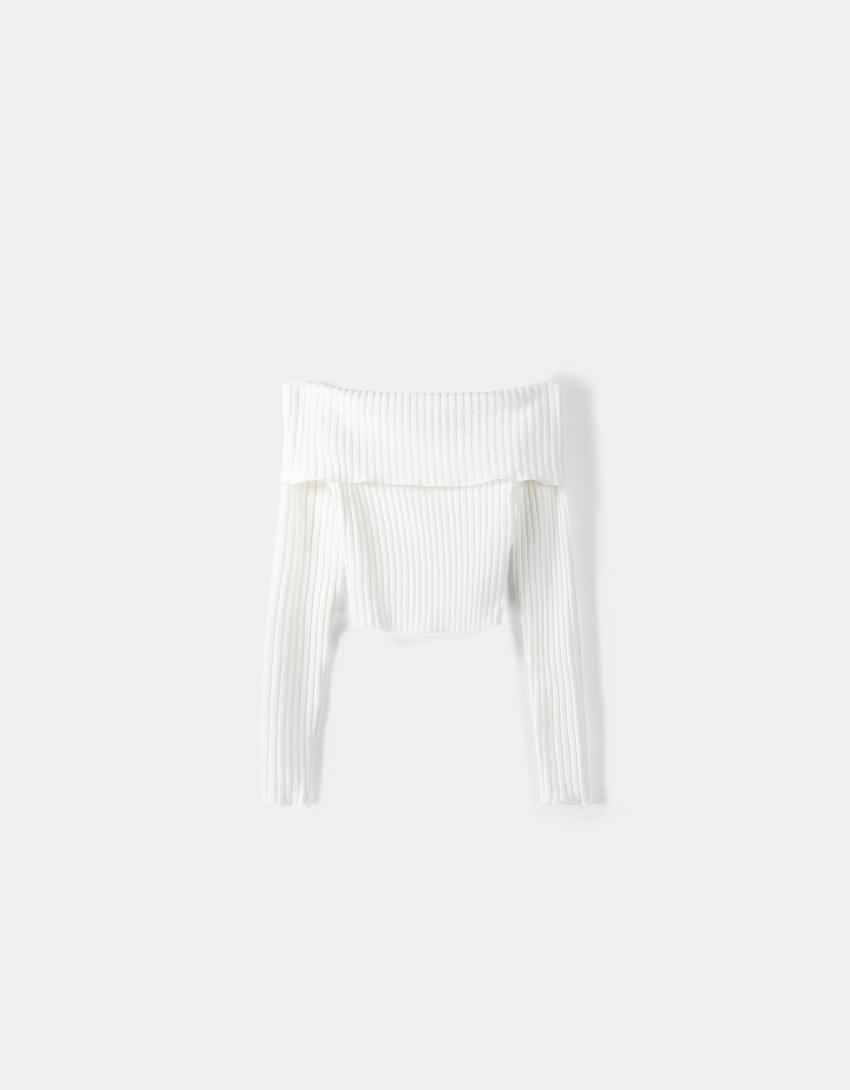 T-shirt manches longues Bardot bord-côte-Écru-4