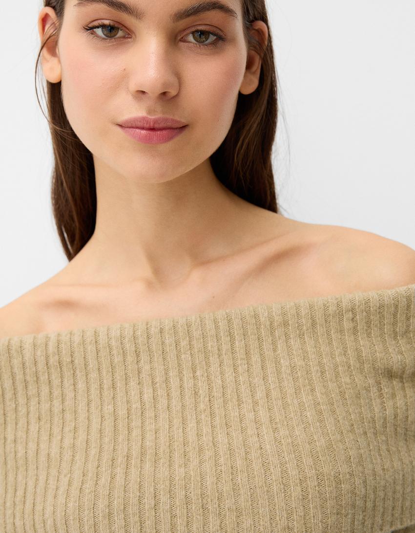 Cable-knit fold-over Bardot neckline sweater - Women | Bershka