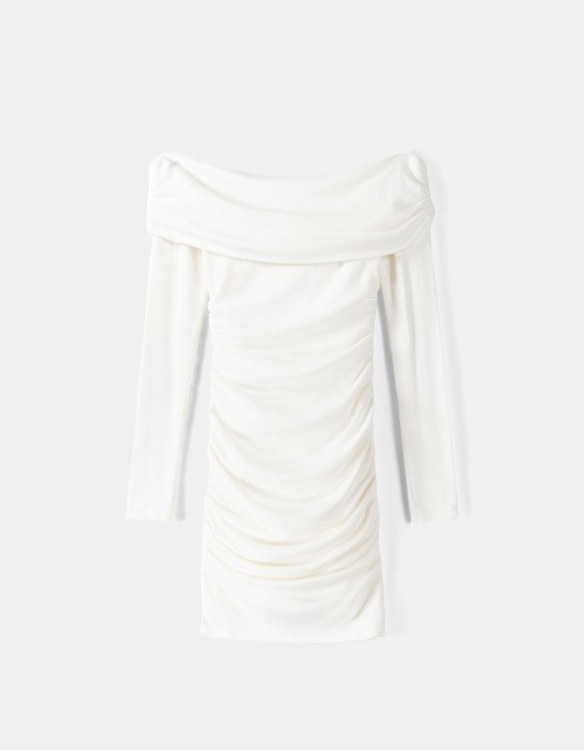 Long sleeve knit bandeau mini dress with gathering-Off white