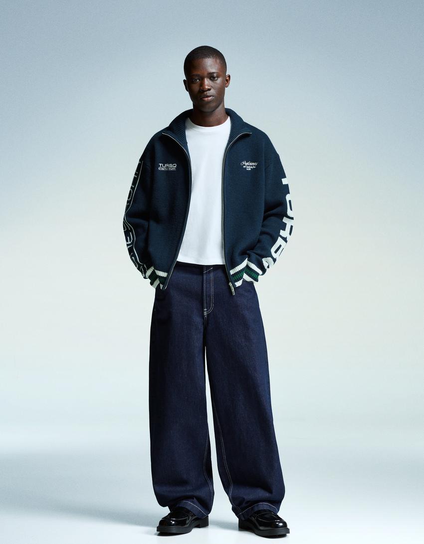 Embroidered zip-up jacket-Blue-3