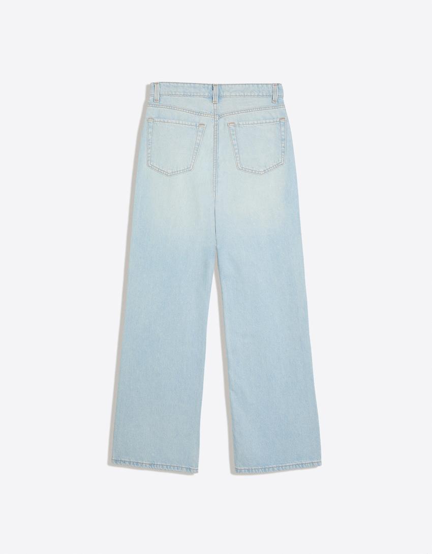 Glitzernde Straight-Leg-Jeans mit hohem Bund-Hellblau