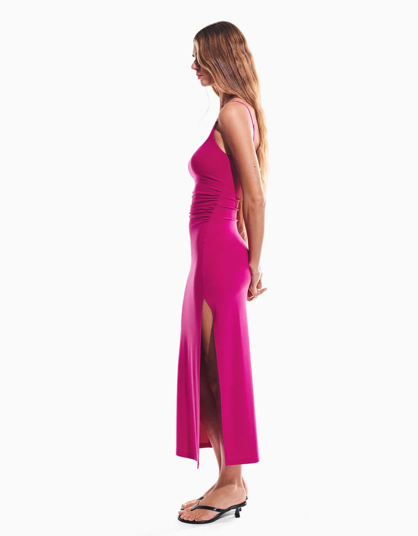 Gathered strap midi dress-Fuchsia