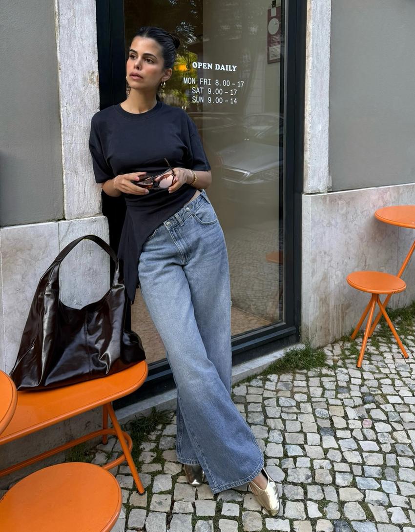 Jeans perna larga cintura subida cruzada-Azul lavado