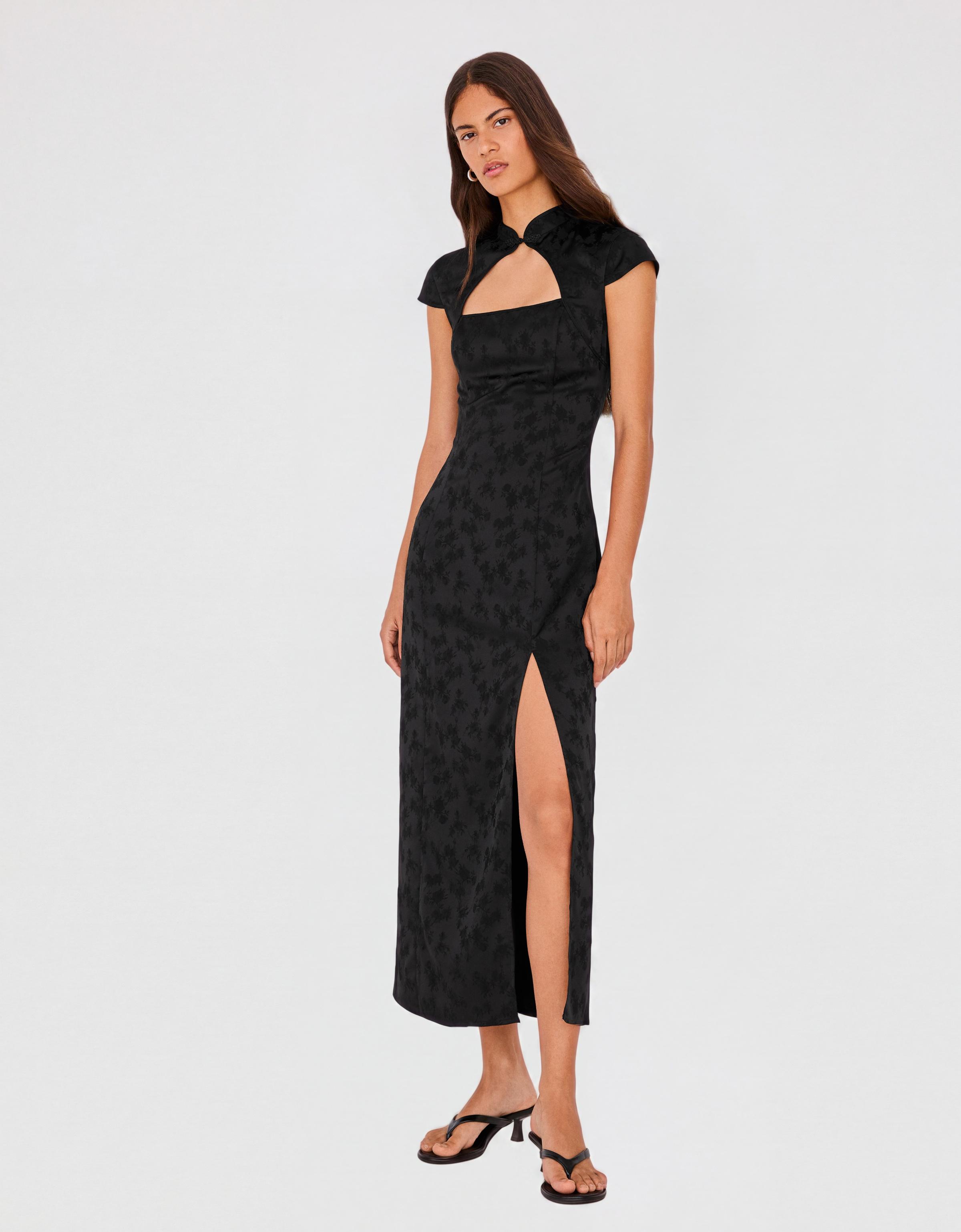 Sateen jacquard midi dress — Black