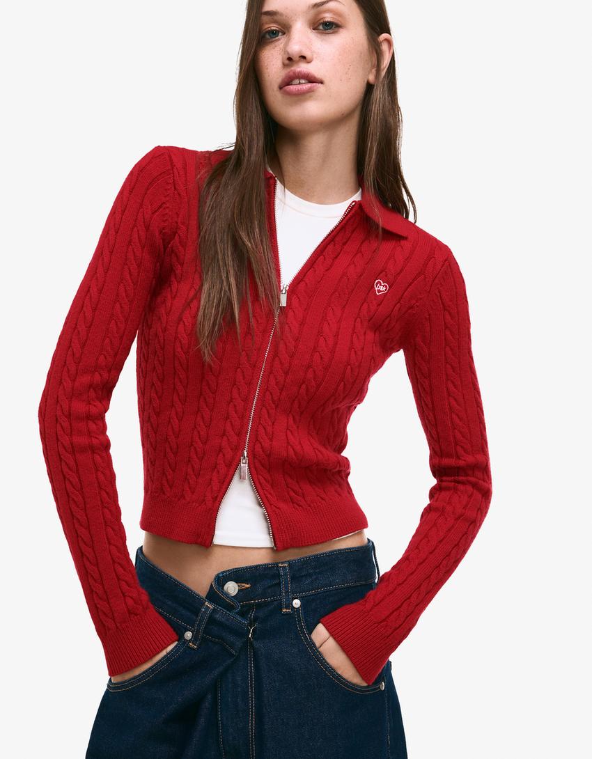 Cable-knit polo collar cardigan-Red