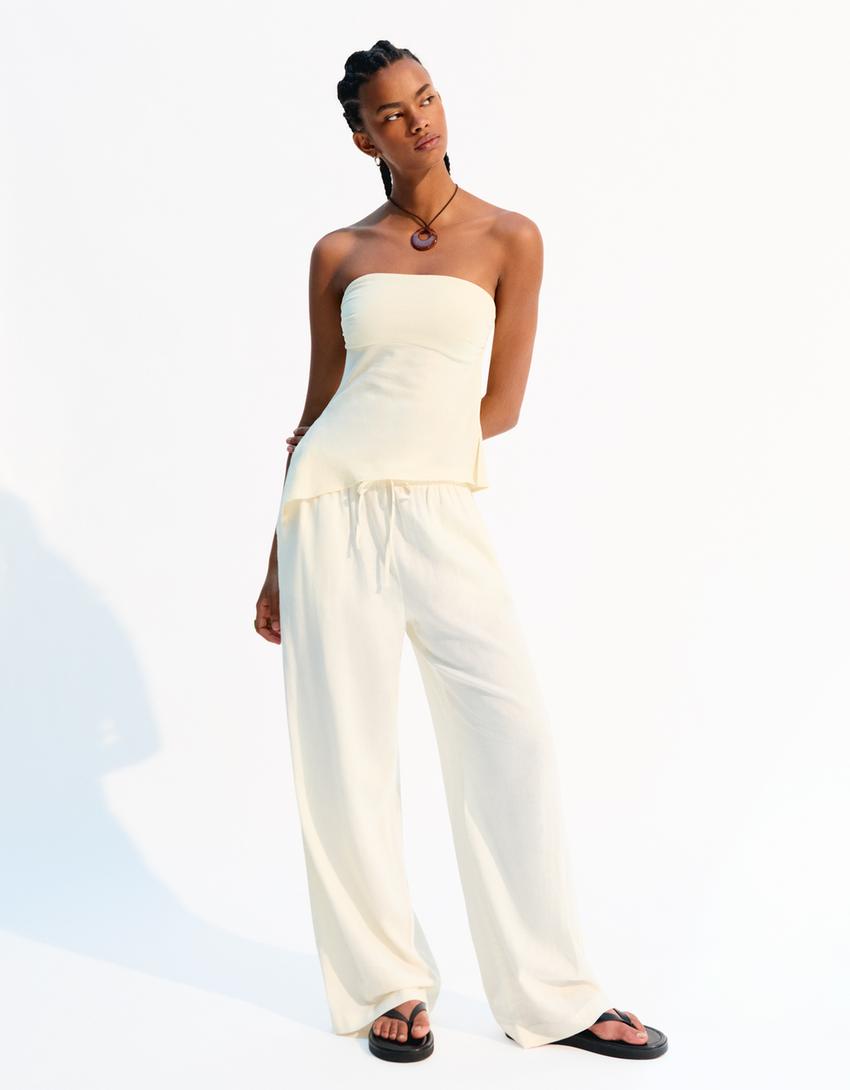 Pantalon lin taille élastique-Jaune-0