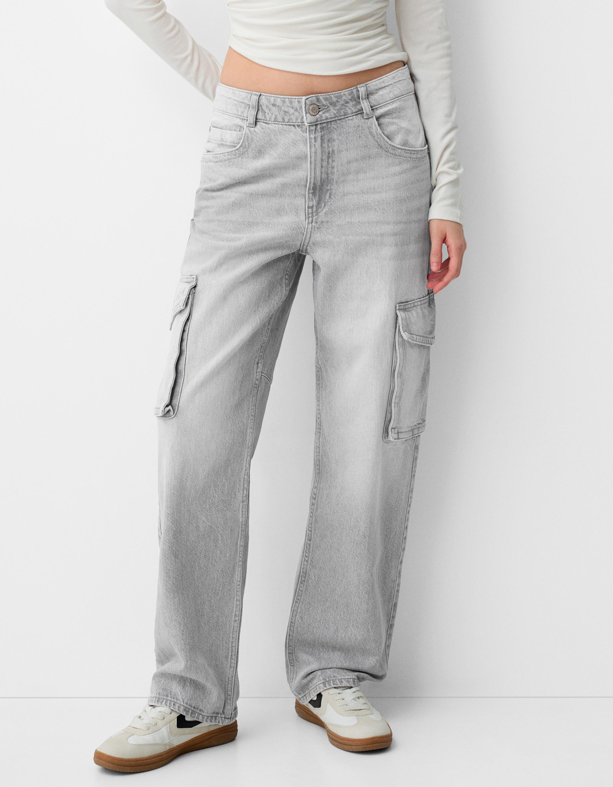 Bershka Cargo-Jeans Im Straight-Fit Damen 44 Grau