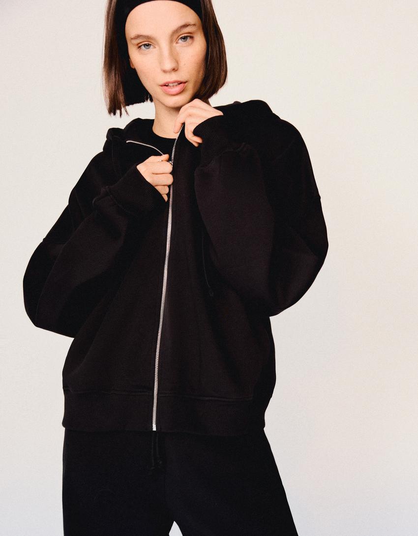 Fermuarlı kapüşonlu sweatshirt-Siyah-1