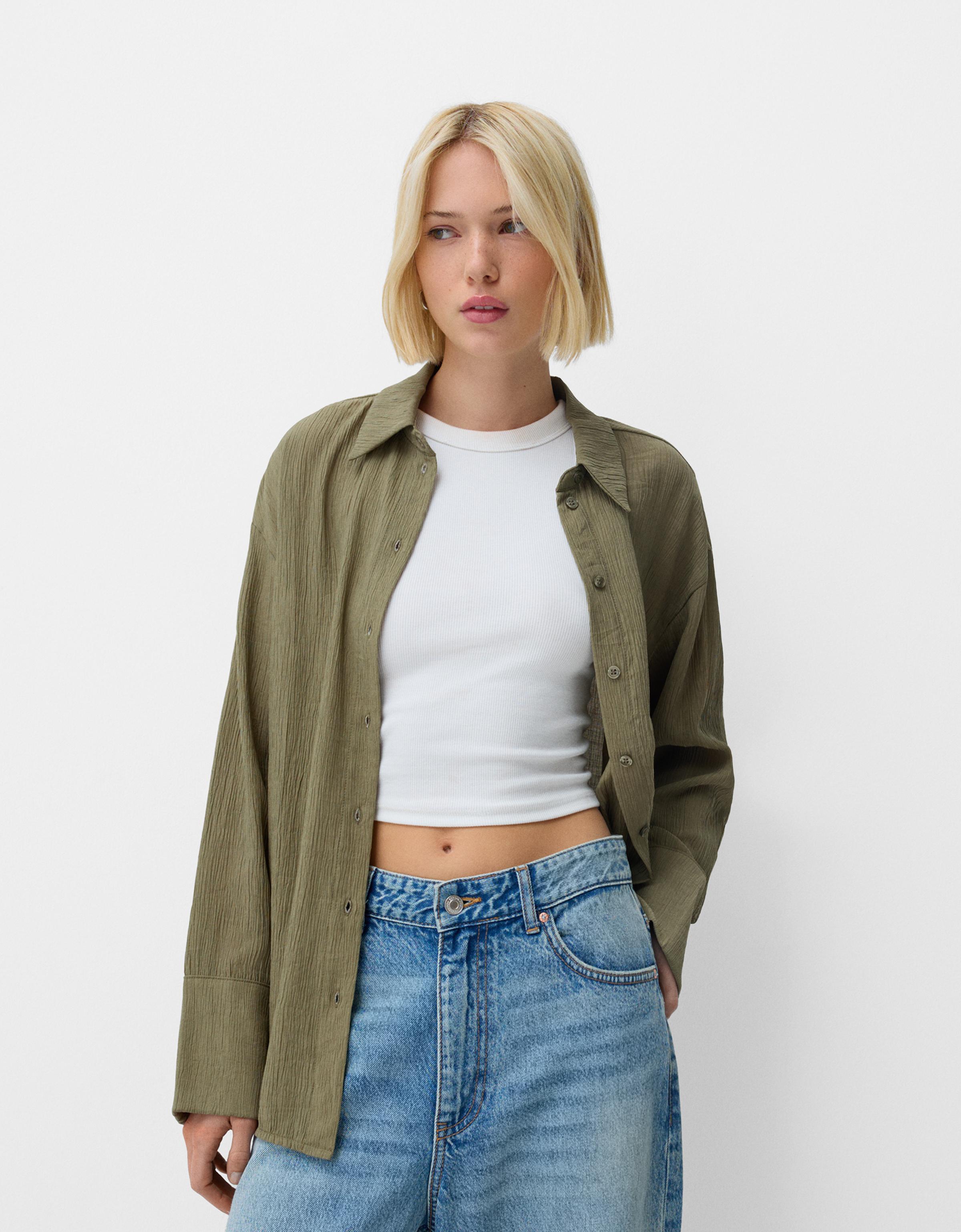 Bershka Gesmoktes Oversize-Hemd Damen L Khaki