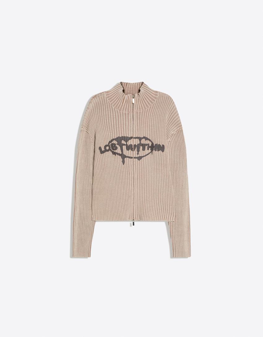 Printed zip-up jacket-Beige